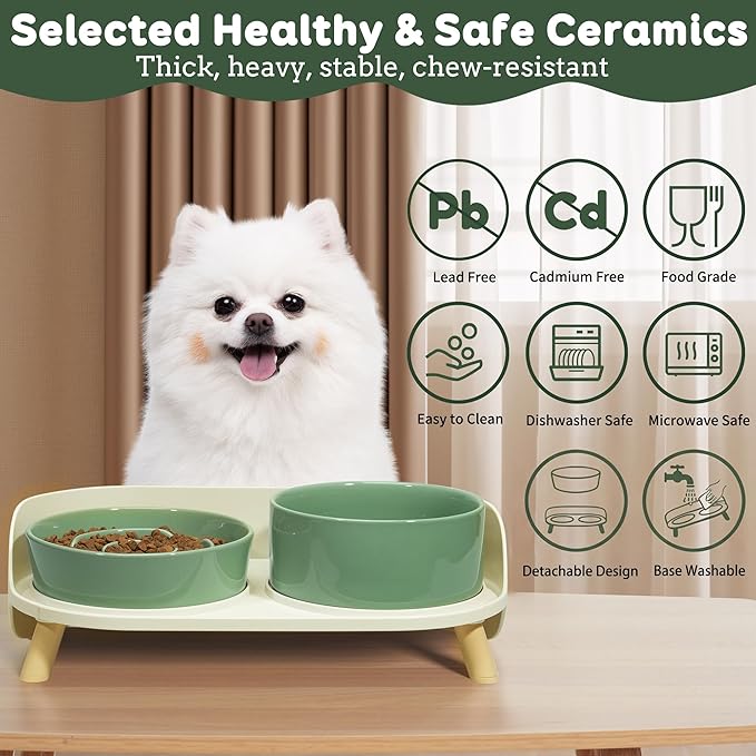 Elevated Slow Feeder Dog Bowls - Ceramic Food and Water Bowl Set with Stand - Raised Pet Dishes for Small and Medium Sized Dogs