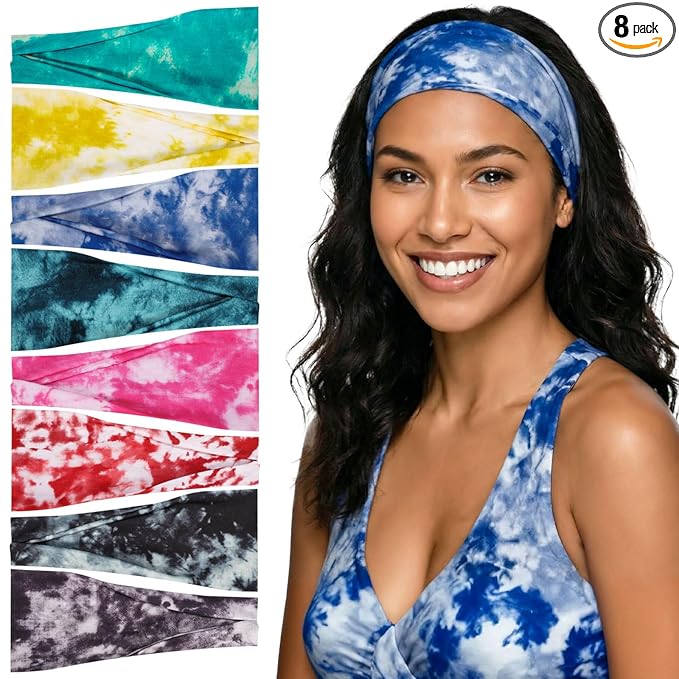 obeoby Tie Dye Headbands, 8Pcs Boho Hairbands Hippie Gifts for Women Fashion Workout Headbands for Yoga Work Athletes Running Enthusiasts