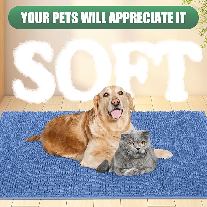 IM HOME Chenille Absorbent Outdoor Doormat 48" x 30", Washable Muddy Door Mats for Dog Non Slip Indoor Doormat Dog Mat for Muddy Paw Front Inside Doormats for Entryway Cornflower Blue