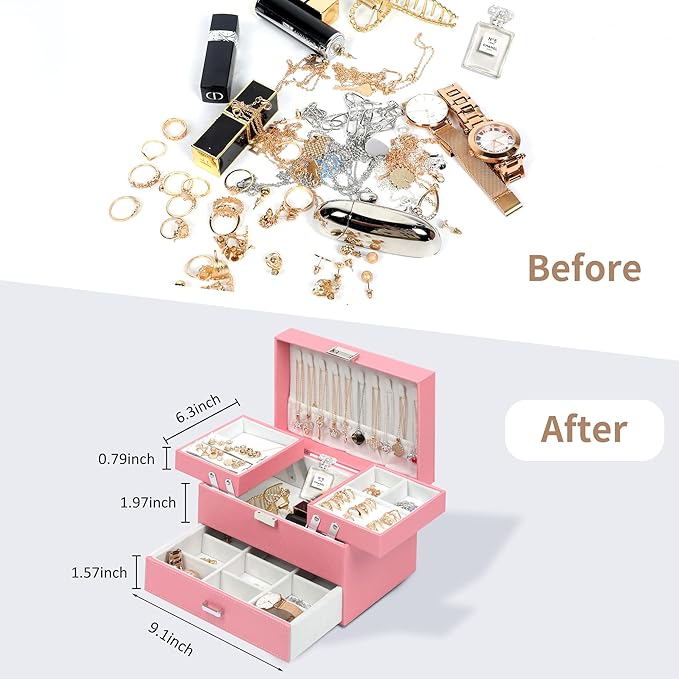 Dajasan Jewelry Organizer Box, Large Jewelry Boxes for Women Girls, Compact 3 Layers Jewelry Storage Case with Drawer, Gift Idea, Movable Metal Stand, Modern (Pink)