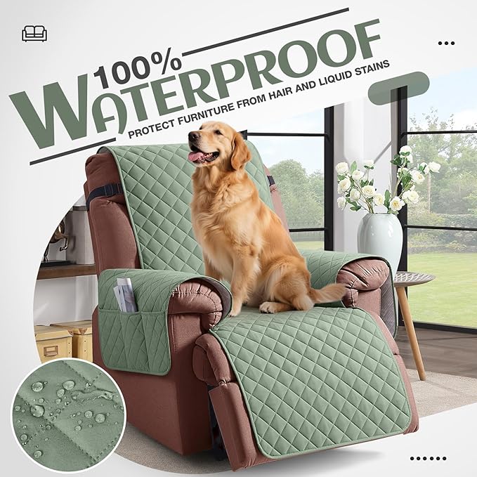 KinCam 100% Waterproof Recliner Chair Cover, Reclining Couch Covers for Pets, Dogs, Recliner Couch Slipcover Furniture Protector with Elastic Straps for Kids(23.6", Sage Green)