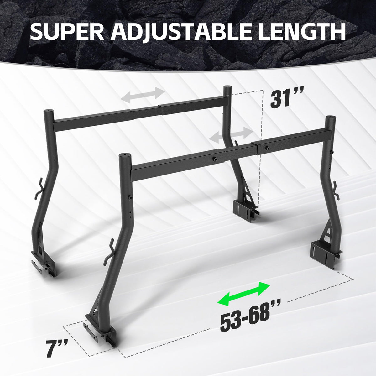 YZONA Universal Truck Bed Ladder Rack, Non-Drilling, 900 LBS Load Capacity, Fit Most Truck Bed Ranging from 53" to 68" Wide, Extendable Heavy Duty Steel Cargo Rack for Kayak, Surfboard, Lumber, Ladder