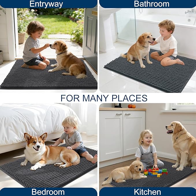 OLANLY Dog Door Mat for Muddy Paws 47x17, Ultra Absorbent Chenille Mud Doormat, Non-Slip Washable and Dirt Trapping Doormat for Indoor Entryway, Quick-Dry Indoor Pet Bed Mats for Dogs, Dark Grey