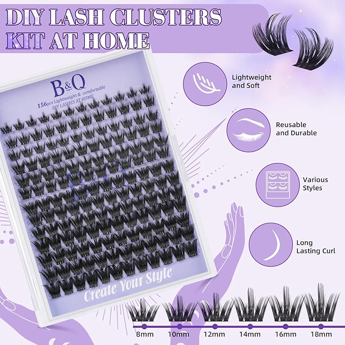 B&Q Wispy Lash Clusters Kit B04, DIY Lash Extension Kit 156PCS Eyelash Extension Kit, Soft Natural Lash Clusters 8-18MIX D Curl Lash cluster, Thin Black Band Cluster Eyelash Extensions (B04 Set)