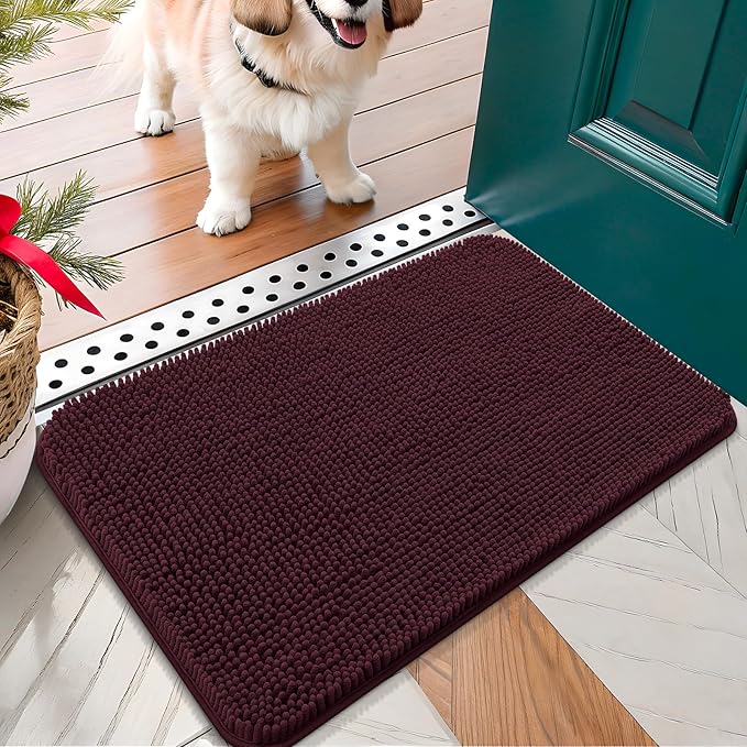 OLANLY Dog Door Mat for Muddy Paws 30x17, Absorbs Moisture and Dirt, Absorbent Non-Slip Washable Doormat, Quick Dry Chenille Mud Mat for Dogs, Entry Indoor Entryway Carpet for Inside Floor, Russet