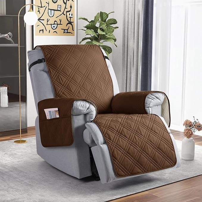 TAOCOCO 100% Waterproof Recliner Chair Covers, Non Slip Recliner Covers for Recliner Chair with Pocket, Washable Reclining Chair Cover Furniture Protector for Kids,Dogs(25'', Brown)