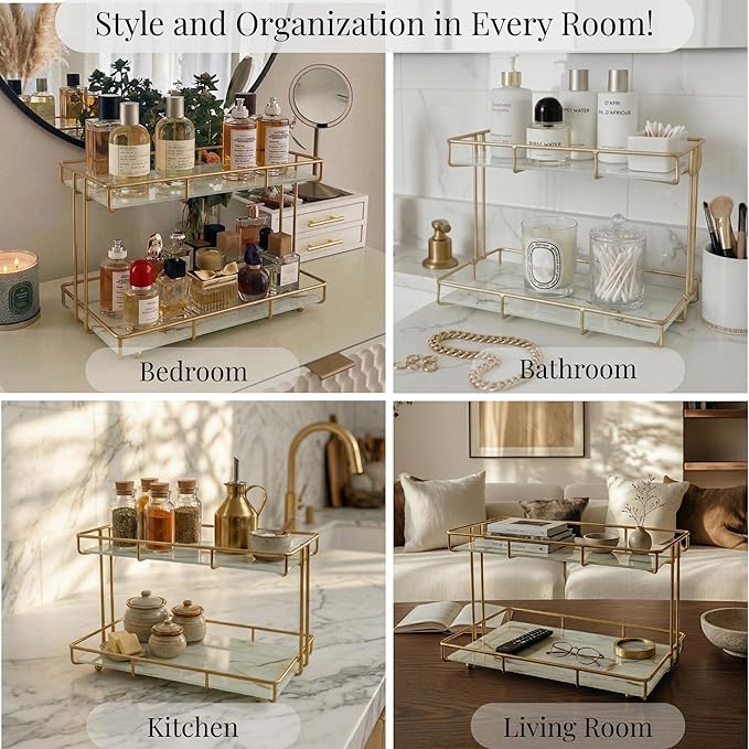 2-Tier White Marble Bathroom Countertop Organizer Ã¢ÂÂ Glass Shelves & Gold Metal Frame, Elegant Vanity Storage Shelf for Perfume, Skincare, Makeup & Toiletries