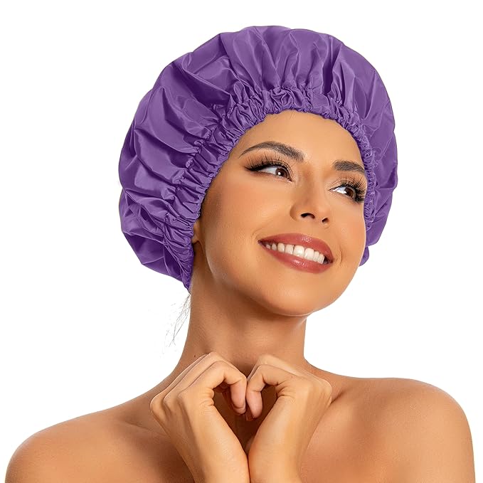 Reusable Shower Cap for Women, Large Waterproof Shower Bonnet with Elastic Band, Washable Bath Hair Cap for Long, Curly Hair, Braids, Daily Shower, Home Spa, Travel(Lavender)