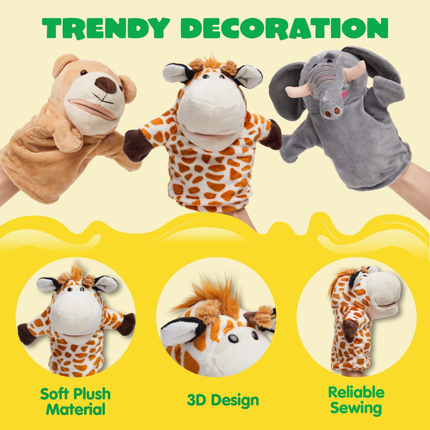 JOYIN 6Pcs Kids Hand Puppet Set with Working Mouth, Toddler Animal Plush Toy Includes Elephant, Giraffe, Lion, Bear, Raccoon and Monkey for Show Theater, Christmas Birthday Gifts for Kid