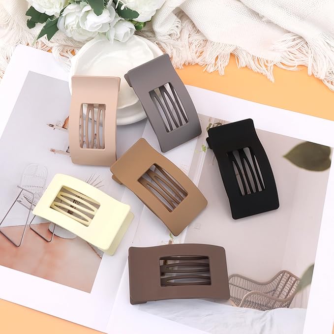 6 Pack Matte Brown Flat Hair Claw Clips for Women, Extra Strong Large Hair Clips, Secure Hold Styling Clips for Thick Hair
