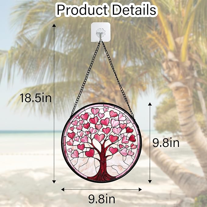 DASTOLL Stained Glass Window Hanging, Pink Love Heart Tree Suncatcher Hangings Beige Sun Catchers Decor for Birthday Holiday for Women, Men, Wife, Aunt, Mom 9.8IN