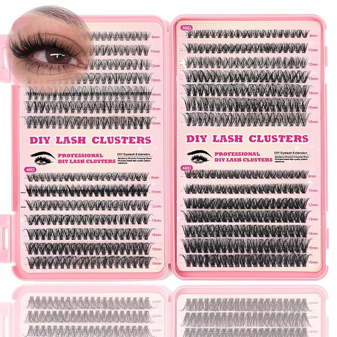 Lash Clusters Kit, 560 Pcs Eyelashes Clusters Kit 9-16mm Individual Lash Extension Kit D Curl Fluffy Wispy False Eyelashes (30D+40D+50D+60D, Lash Clusters)