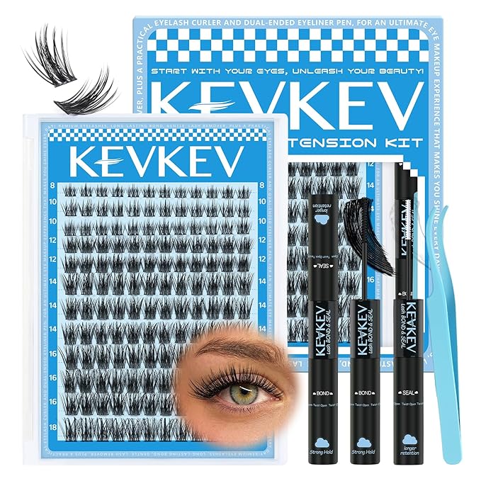 KEVKEV Lash Clusters Kit 144pcs Lashes Clusters 8-18mm Lash Extension Kit Thin Band Eyelash Extension Kit Lash Clusters with Lash Bond and Seal Lash Tweezers DIY Lash At Home(Kit-K01)