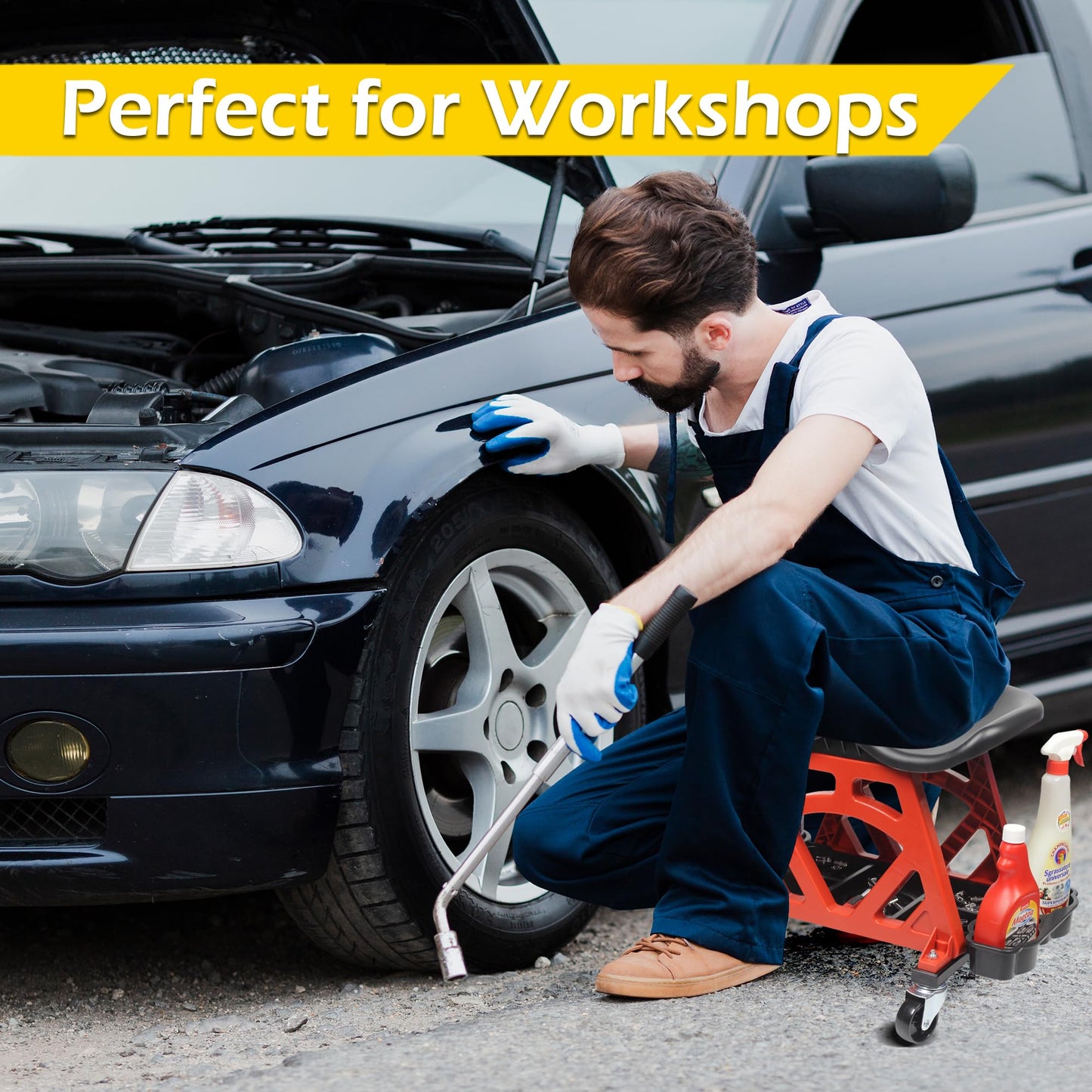 MaxWorks 50957 Ergonomic Seat Mechanic Stool Chair 22.9" L x 13.9" W x 17" H, with 4pcs 2.5" Swivel Casters, with Tool Tray for Workshop, Garage, Auto Repair - 300 Lbs Capacity