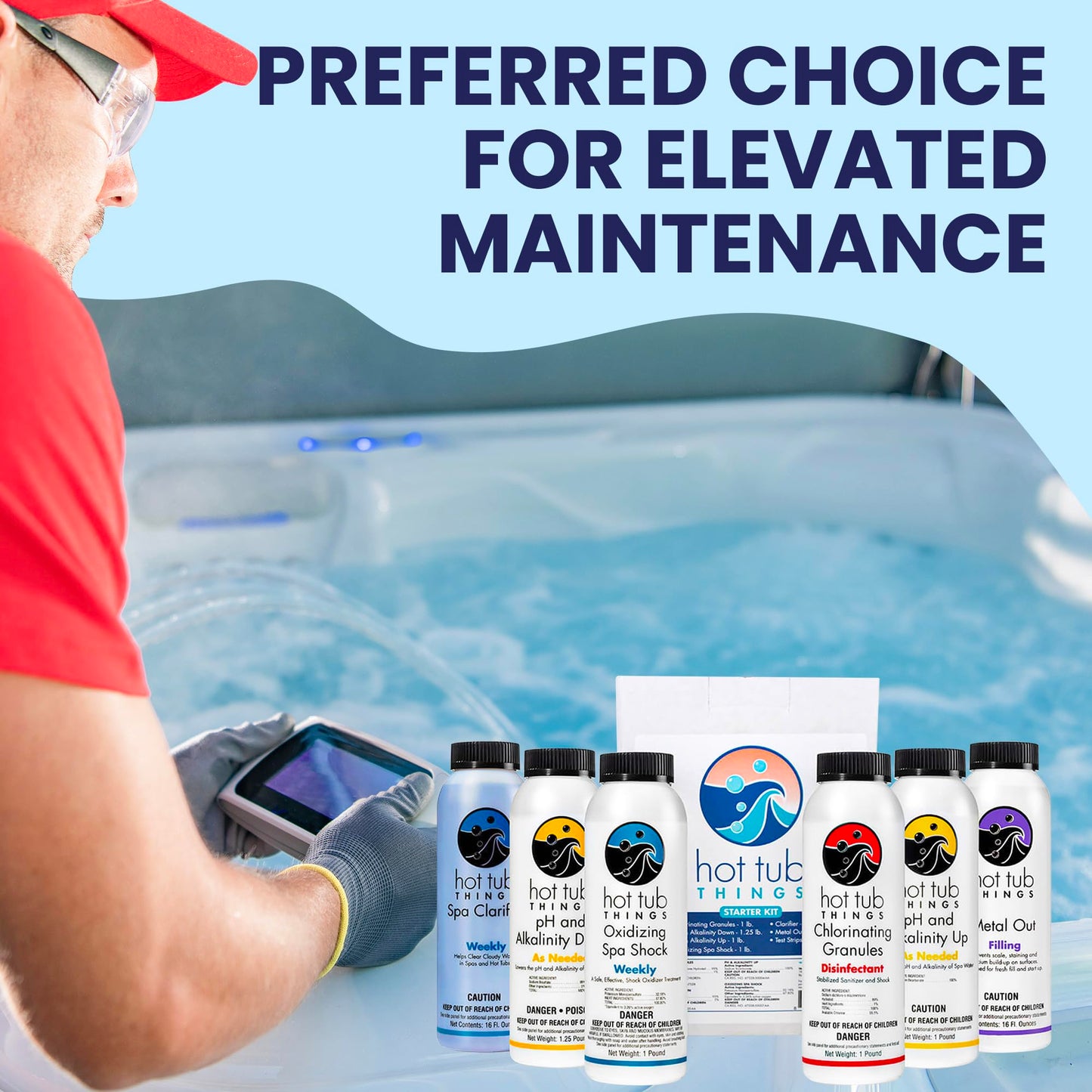 Hot Tub Things - Chlorine Starter Kit - Hot Tub Chemicals Kit for Spa & Jacuzzi Maintenance, Pool Shock, Chlorine Granules, Test Strips, Alkalinity Up & Down, Clarifier, Metal Out, Oxidizer - 1 lb
