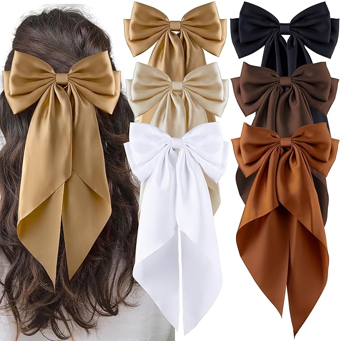 6Pcs Large Bows Hair Clips for Women Girls Long Tail Hair Ribbon Silky Satin Barrettes Coquette Bows Accessories (Black/khaki/Brown/White)