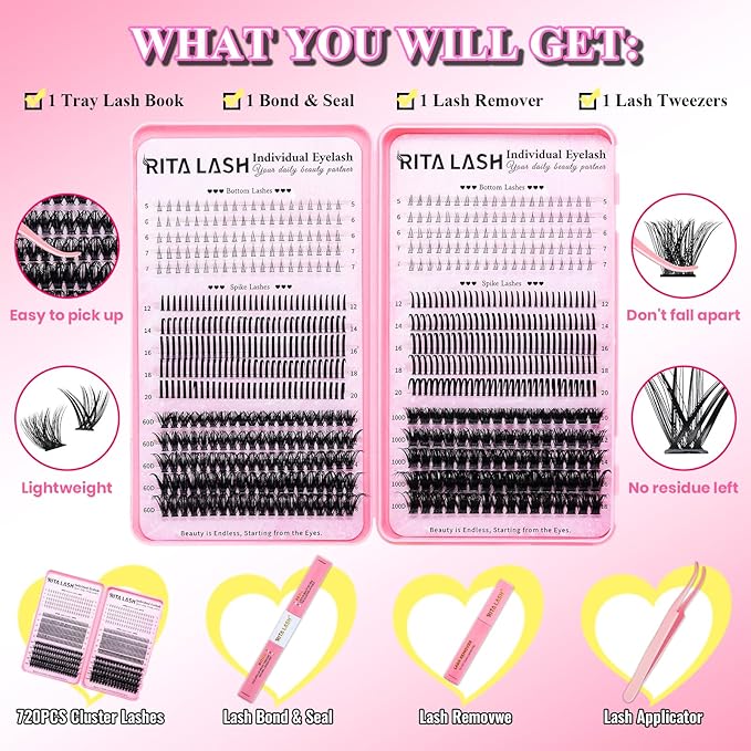 RITALASH Lash Extension Kit Cluster Lashes Kit+Bottom Lashes+Spikes Lash Clusters Eyelash Extensions with Lash Bond and Seal,Lash Remover,Lash Tweezers(60D 100D+Bottom Lashes+Spike Lash Kit)