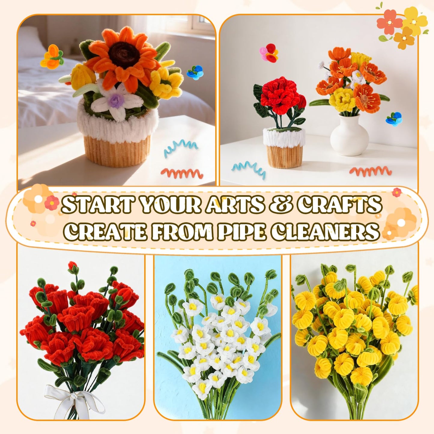 1000PCS Pipe Cleaners Flower Kit, Pipe Cleaner Bulk Craft Flower Making Kit with Instruction, 8 Colors Thick Chenille Stems for Arts DIY Craft Supplies with Greeting Card, Floral Wires, Tape, Stamen