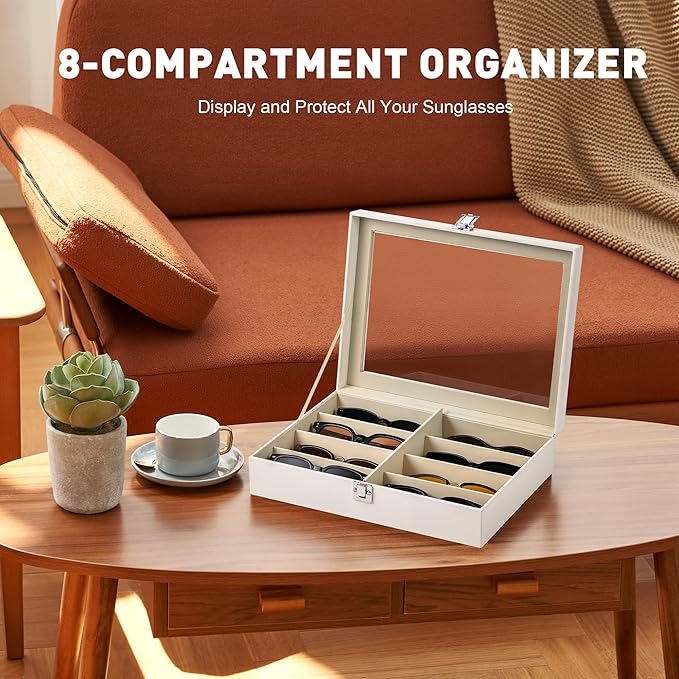 CO-Z Sunglasses Organizer with 8 Slots, Leather Eyeglasses Storage Box for Multiple Glasses, Lockable Display Case for Women Men, Glasses Holder for Watches Jewelry Collection, White