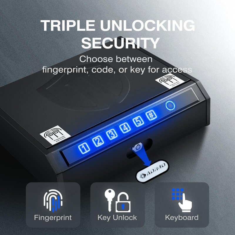 ADIMO Gun Safe, Biometric Gun Safe for Handgun, Pistol Safe, 3 Ways Quick-Access with Fingerprint, Lock or keypad, Handgun Safe for Cloakroom living room Bedroom Nightstand Drawer Bedside and Car