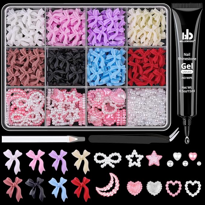 600 Pcs 3D Nail Charms and Flatback Pearls #5, 8 Colors Bow + Pink&White Star Heart Moon Cute Charms + 2-6mm White Pearls for Nail Art Design with Nail Charm Glue(UV Needed) and Pickup Tools