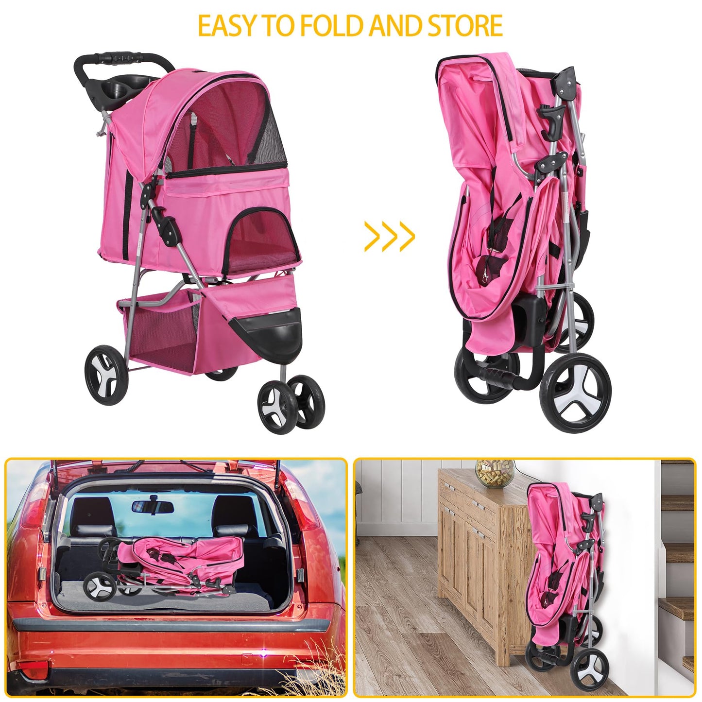 LEMY Foldable Pet Stroller,3 Wheels Cat/Dog Stroller with Weather Cover for Small/Medium Dogs and Cats,Pink Pet Strolling Cart with Storage Basket and Cup Holder