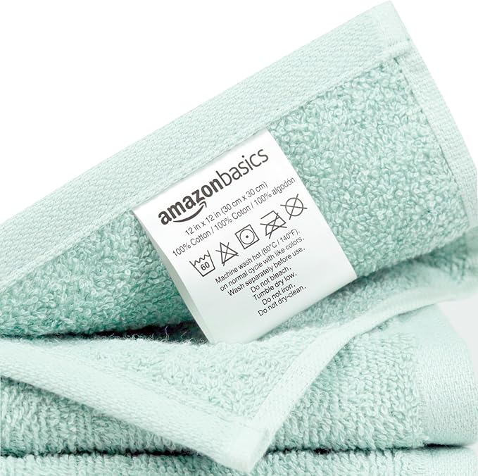 Amazon Basics face Towels for Bathroom, 100% Cotton Extra Absorbent washcloth, Fast Drying - Salon Towel - Ice Blue (12 x 12 inches) (Pack of 144)