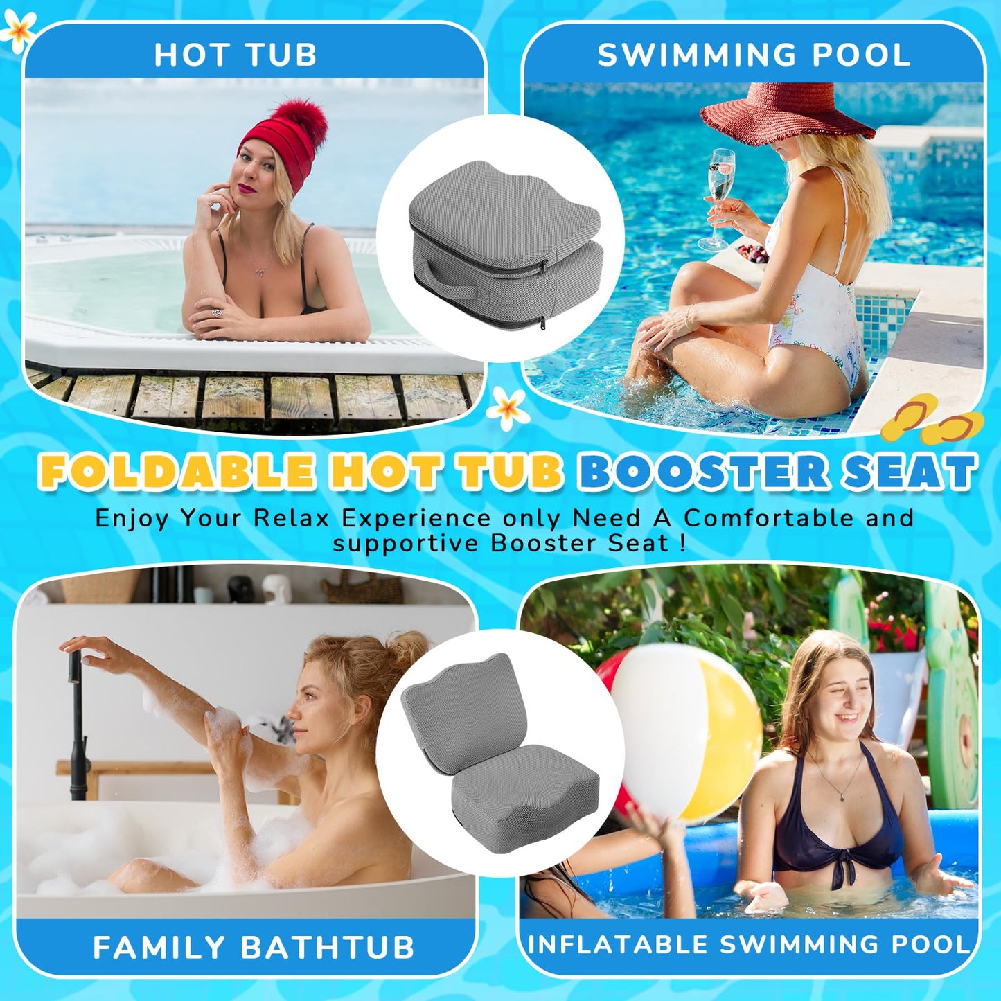 Yerliker 2 Pcs Foldable Hot Tub Booster Seat for Adults Adjustable 2 Heights up to 6.3", Weighted Booster Seat 3D Air Mesh Hot Tub Accessories Quick Dry Micro Dot Non Slip for Spa Bathtub Pool (Gray)
