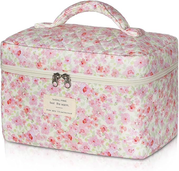 Gosect 1pc Large Makeup Bag, Cute Cosmetic Bag for Women Girls, Floral Coquette Aesthetic Toiletry Bag, Travel Make Up Organizer Bag (Pink Floral Print