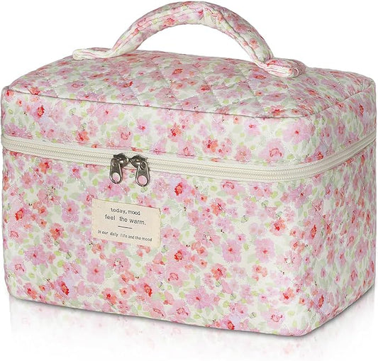 Gosect 1pc Large Makeup Bag, Cute Cosmetic Bag for Women Girls, Floral Coquette Aesthetic Toiletry Bag, Travel Make Up Organizer Bag (Pink Floral Print