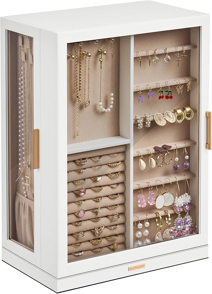 Glimmloop 360ÃÂ° Rotating Jewelry Box with 9 Drawers, Spacious Vertical Jewelry Organizer with Glass Window, Jewelry Storage Case, Dustproof & Moisture-resistant Design, White