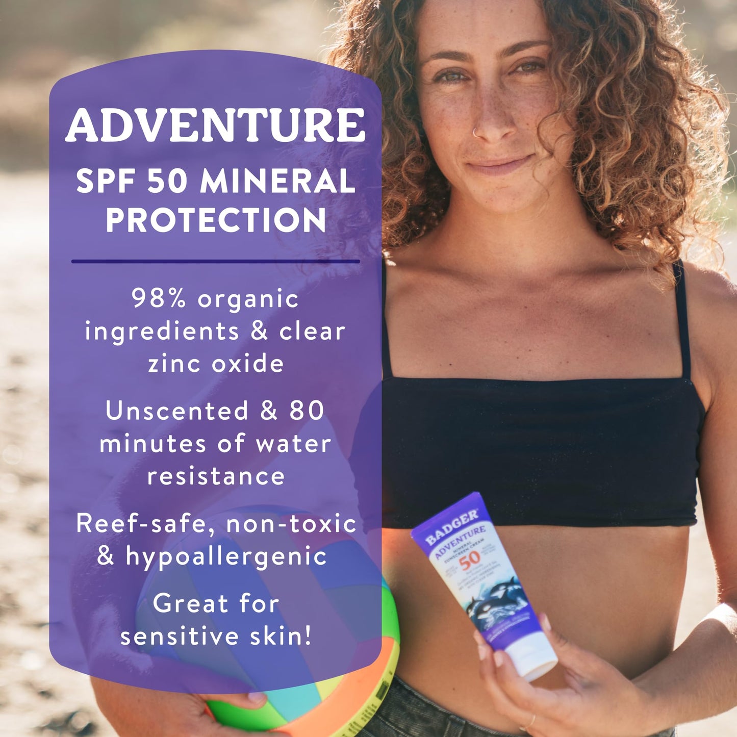 Badger Reef Safe Mineral Sunscreen, SPF 50, 98% Organic with Zinc Oxide, Non Toxic, Water Resistant, Unscented & Hypoallergenic, Broad - Spectrum, For Adventure & Sport, 2.9 fl oz