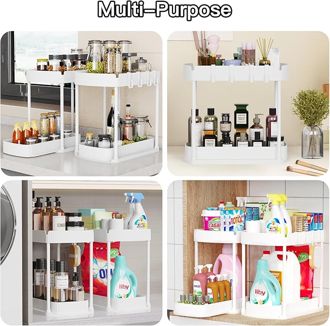 2 Pack Multi-Purpose Pull-Out Storage Organizers, Under Sink & Cabinet Storage, 12.8 Inch, White
