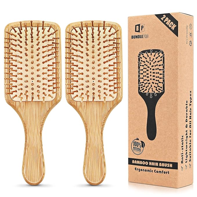 Pack of 2 Hair Brush with Natural Bristles, Massages Scalp Anti-Static Hair Detangle for All Types, Lightweight (Paddle)