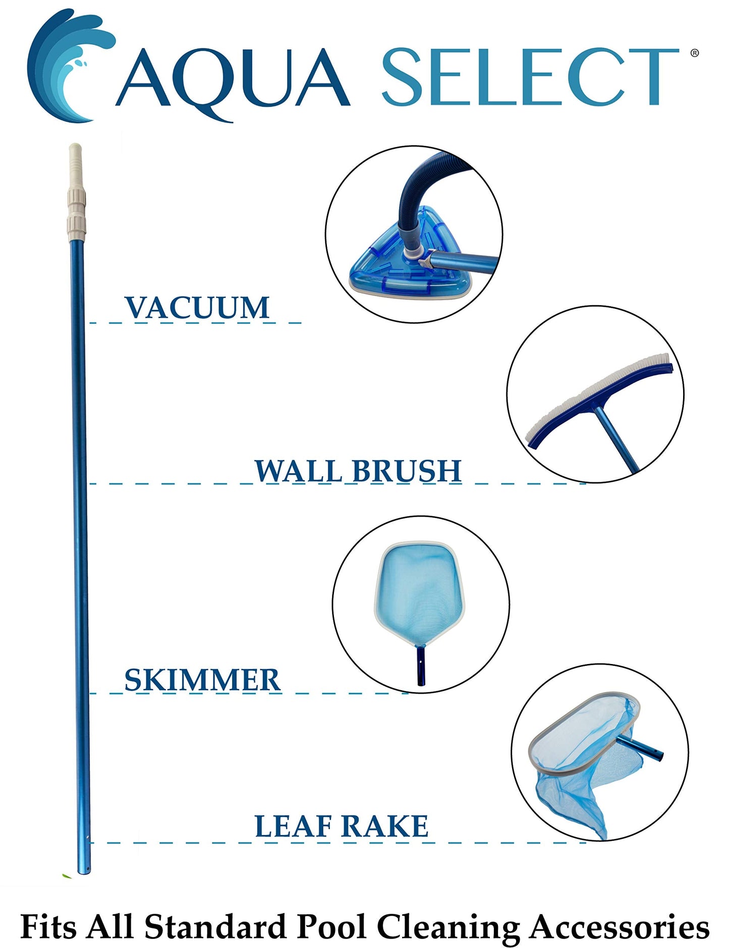 Aqua Select 2 ½ - 7 ½ Foot Telescoping Pool Vacuum Pole | Heavy Duty Aluminum Pole for Leaf Skimmers, Pool Brushes and Vacuum Heads | Expandable Swimming Pool Pole