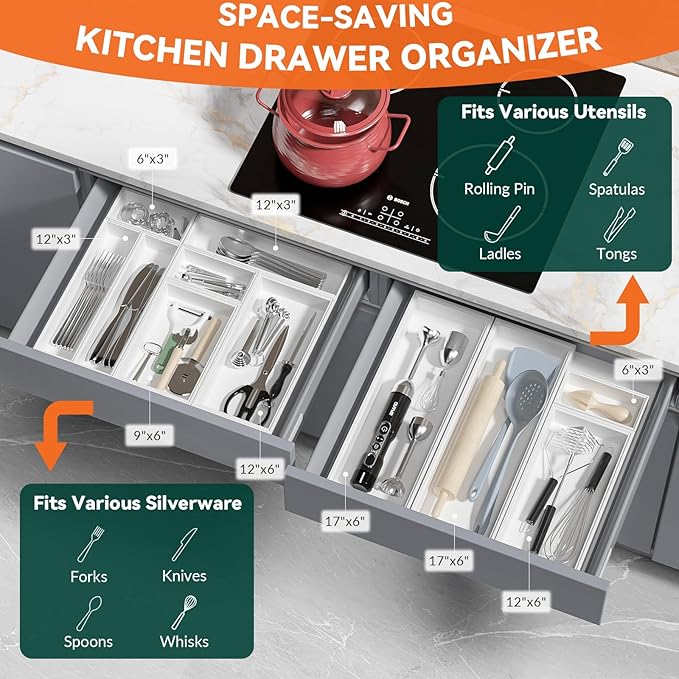 Lixple Utensil Organizer Silverware Drawer Organizer - Set of 2, Stackable Kitchen Organization, Bamboo Storage Box Tray for Kitchen Gadgets Bathroom Countertop (White)