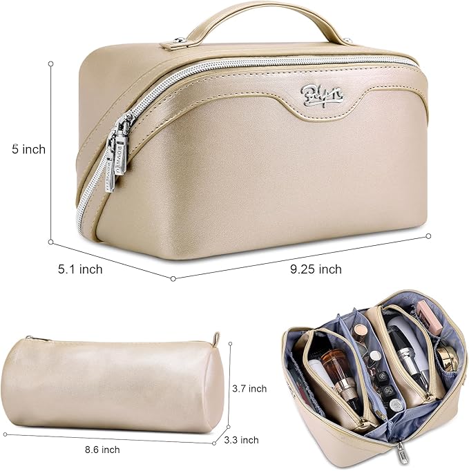BOYATU Travel Makeup Bag Organizer Cosmetic Bag: 3 Pcs Set Make up Bags for Women with Handle - Waterproof Vegan Leather Toiletry Bags Travel Essentials Pouch with Compartments (C-07-Gold)
