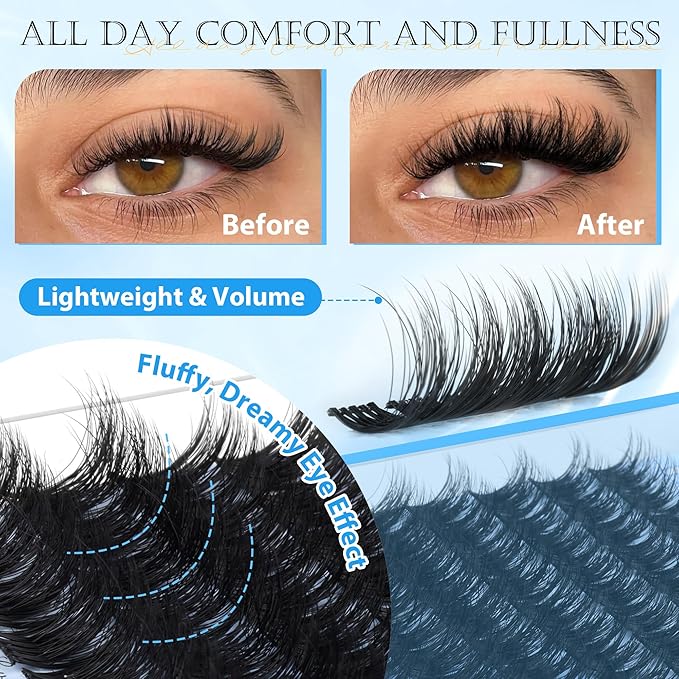 PHKERATA Fluffy Lash Clusters Wispy Eyelash Clusters Volume Clusters Eyelash Extensions, 10-16mm Mixed DIY Individual Lashes Cluster with Soft Thin Band, 108Pcs