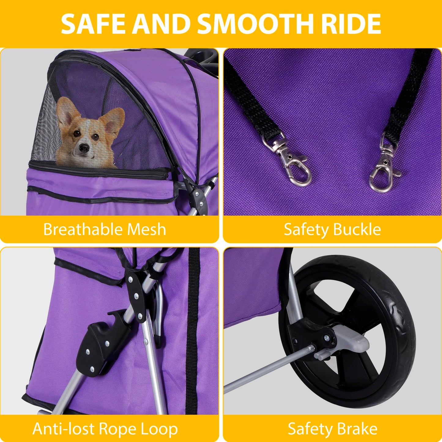 ZENY Foldable Pet Stroller, Cat/Dog Stroller with 4 Wheel, Pet Travel Carrier Strolling Cart with Storage Basket, Cup Holder (Purple)