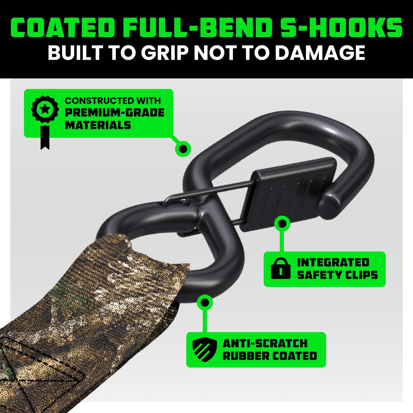 Rhino USA x Realtree Ratchet Straps Tie Downs (4PK) - 1" x15' (1,823lb Break Strength) - Ultimate Tie Down Straps with Safety S Hooks - for Trucks, Cargo, Moving, Appliances- Realtree APX Camo