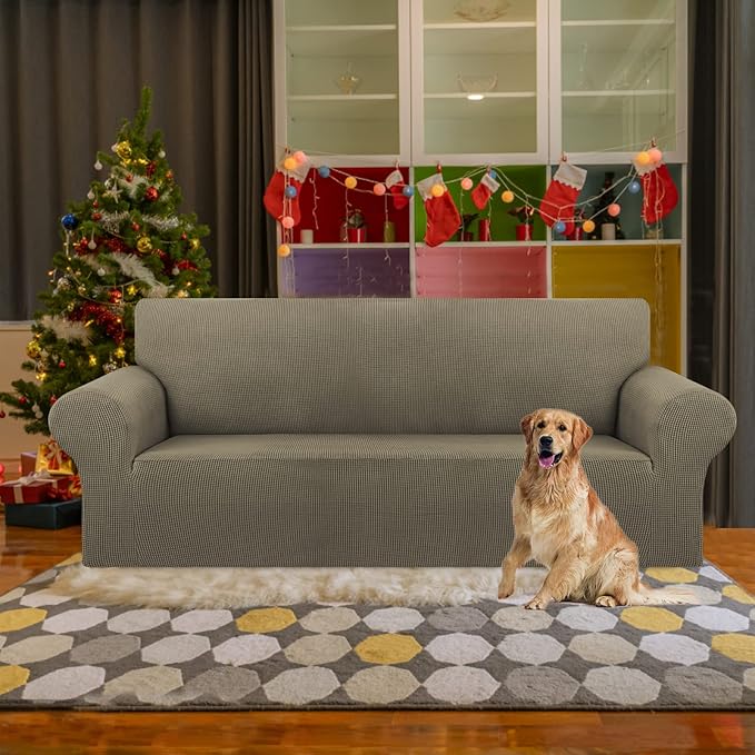 KEKUOU Stretch Sofa Cover Slipcover ，Couch Covers for 3 Cushion Couch Sofa pet Friendly (78"-94") Furniture Protector Sofa with Elastic Bottom for Kids,Dog, Jacquard Small Checked(Large,Khaki)