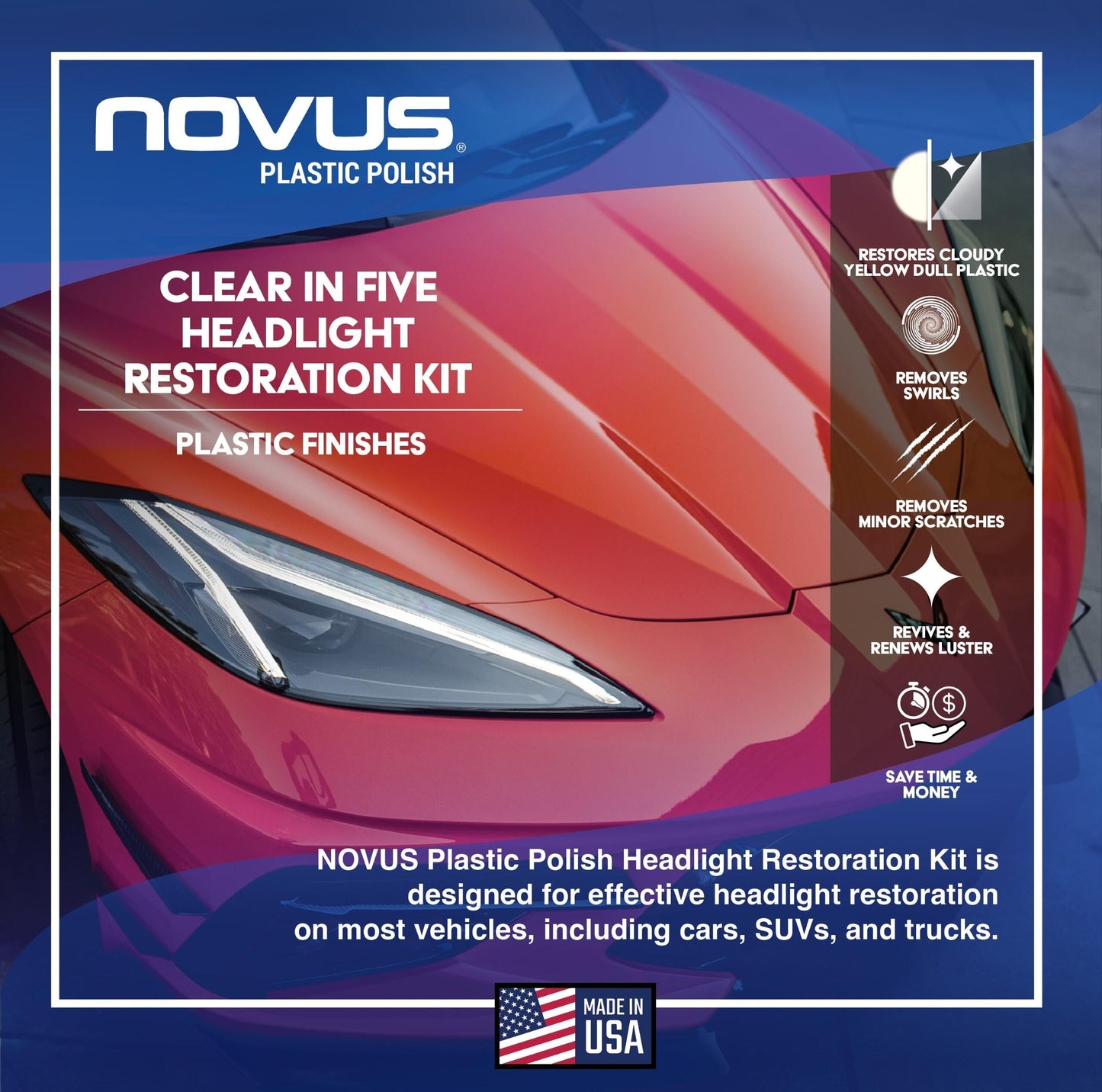 Novus Clear in Five Headlight Restoration Kit, 2 Ounce #1, 2, & 3 Bottles, Buffing Pad, Backing Pad Drill Attachment, 1,000 Grit Sanding Disk, 3 Polish Mates