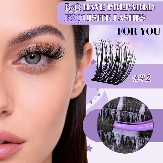 B&Q Wispy Lash Clusters Kit B42, DIY Lash Extension Kit 156PCS Eyelash Extension Kit, Soft Natural Lash Clusters 8-18MIX D Curl Lash cluster, Thin Black Band Cluster Eyelash Extensions (B42 Set)