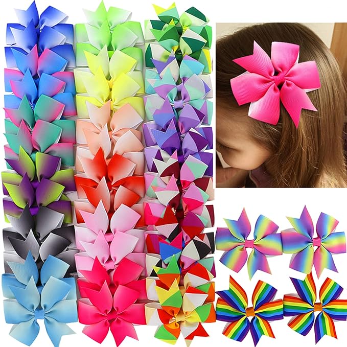 20 Pair 3in Pinwheel Rainbow Bows Grosgrain Ribbon Hair Clips For Baby Girls Teens Kids Toddler Gifts Accessories