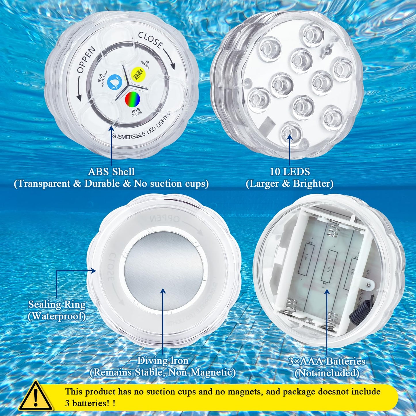 Creatrek Pool Lights with Remote, 10 Color Changing Pool Lights for Above Ground Pools, Battery Operated Submersible LED Lights for Pond, Bathtub, Hot Tub, Party, 4 Pack
