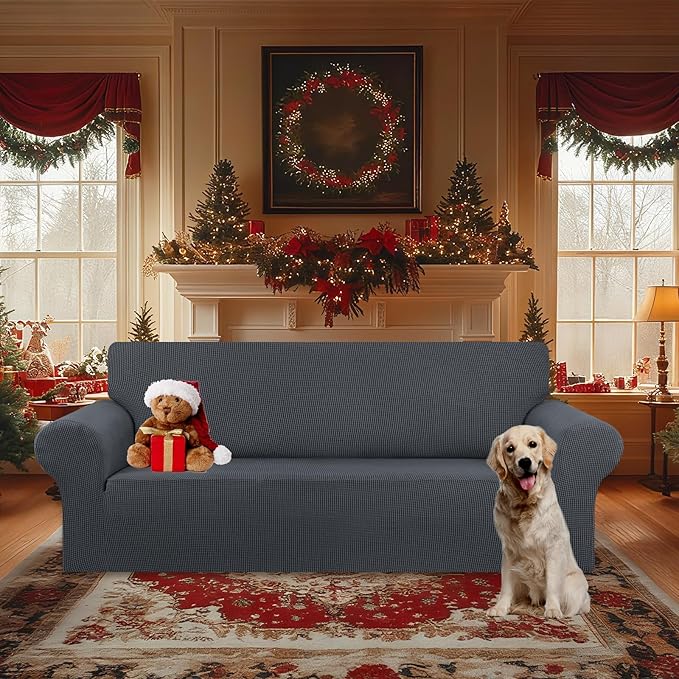 KEKUOU Stretch Oversized Sofa Slipcover 1 Piece Couch Sofa Cover (94"-110") Furniture Protector 4 Seater Sofa with Elastic Bottom for Kids,Pet.Jacquard Checked Pattern Fabric(X Large,Charcoal)