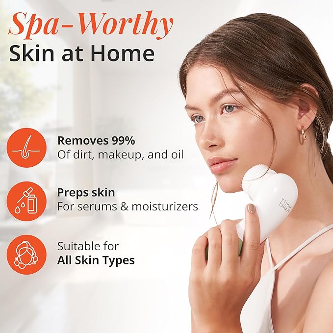 Vanity Planet Raedia Facial Cleansing Brush - Electric Facial Cleansing Brush with 4 Exfoliating Brush Heads - Waterproof, Handheld, Lightweight for Face Scrubber and Exfoliating Face - Warm Grey