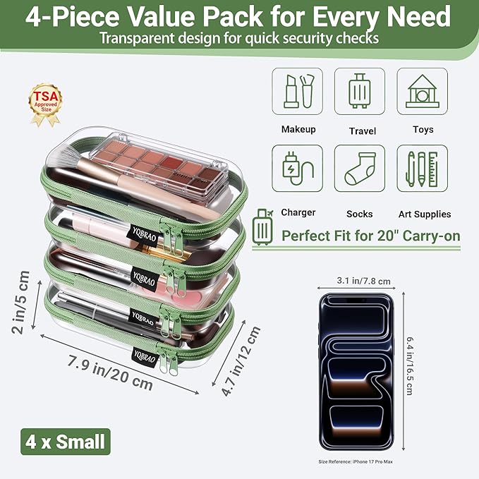 YQBRAO 4-Pack Clear Hard Shell Zipper Case, 1.2mm Ultra-Thick Diaper Bag Organizer Pouches, Rigid Self-Standing Travel Makeup Bags with YKK Zippers, TSA Approved, Green