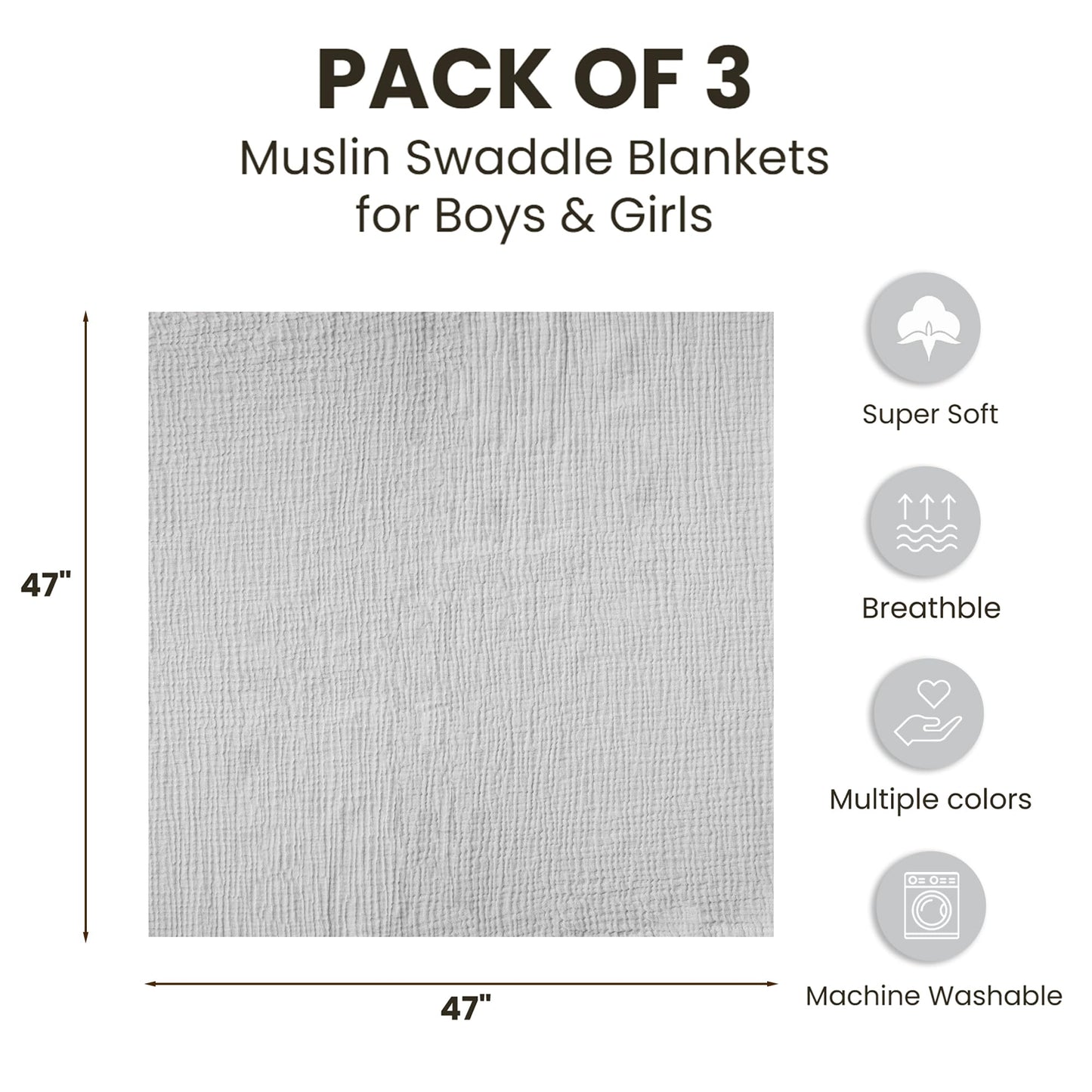 Konssy 3 Pack Muslin Swaddle Blankets for Unisex, Newborn Receiving Blanket, Large 47 x 47 inches, Soft Breathable Muslin Baby Swaddles for Boys & Girls