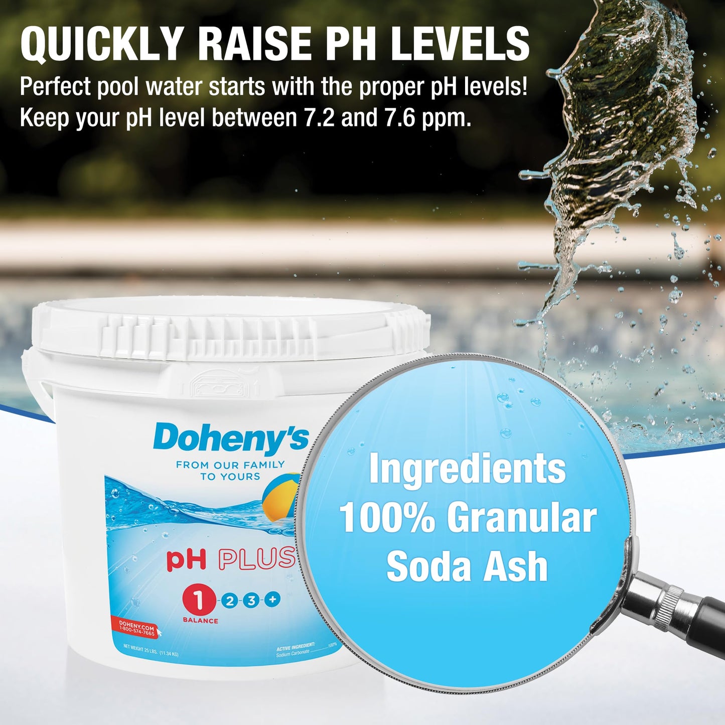 Doheny's pH Plus | Raise Your Swimming Pool pH Level | Pro-Grade Granular Soda Ash (Sodium Carbonate) | Proper pH Levels Protect Equipment & Prevent Eye and Skin Irritation | 25 LB Bucket